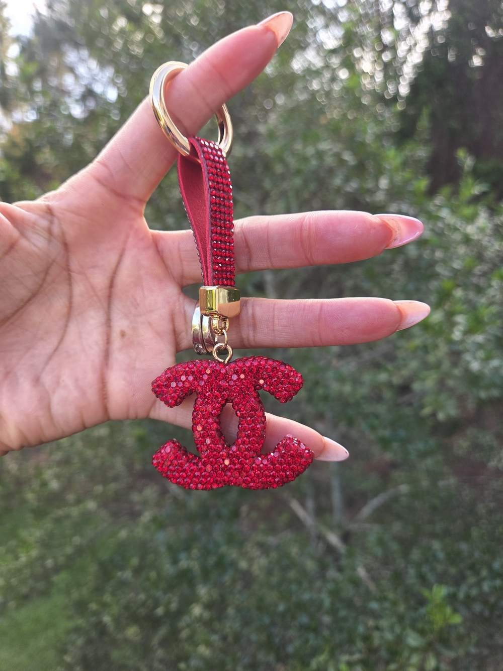 Red Crystal Double-C Logo Charm Keychain - Picture 2 of 2